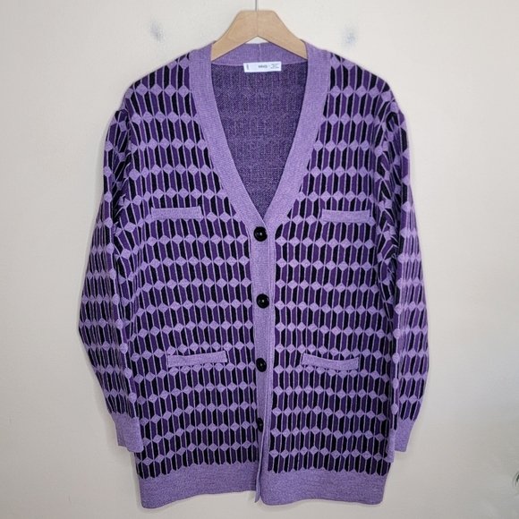 Mango MNG | Purple Geometric Longline Cardigan Sweater BTS Army Size Large - Picture 1 of 6